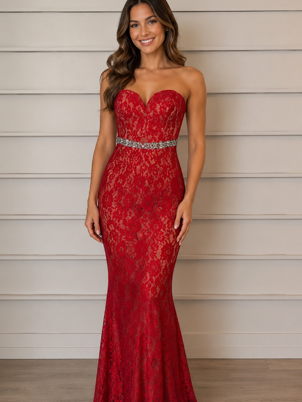 Alyce Paris Red Lace Dress with Silver Details